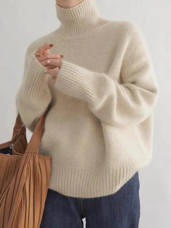 Marianne luxe turtleneck sweater shown in khaki, a soft knit with a classic rolled collar