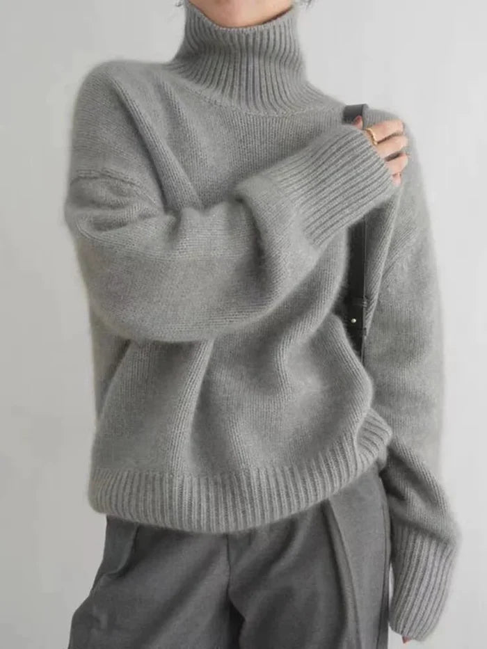 Marianne luxe turtleneck sweater shown in khaki, a soft knit with a classic rolled collar