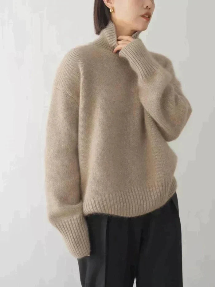 Marianne luxe turtleneck sweater shown in khaki, a soft knit with a classic rolled collar