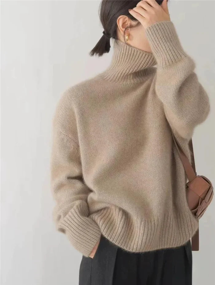 Marianne luxe turtleneck sweater shown in khaki, a soft knit with a classic rolled collar