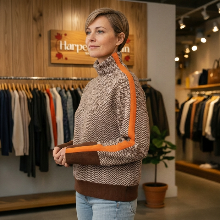 Martina high neck pullover with contrasting stripes in orange and green