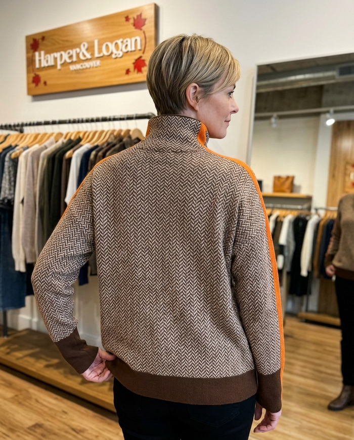 Martina high neck pullover with contrasting stripes in orange and green