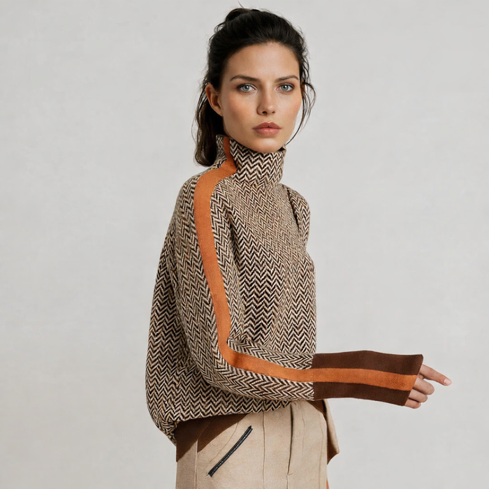 Martina high neck pullover with contrasting stripes in orange and green