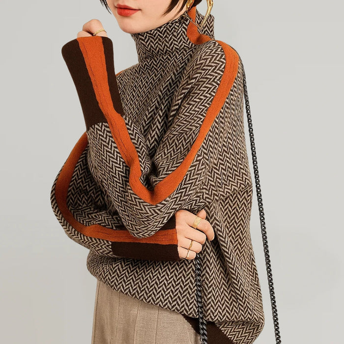 Martina high neck pullover with contrasting stripes in orange and green