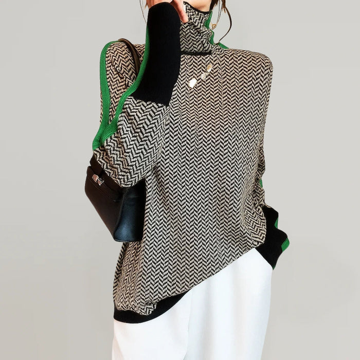 Martina high neck pullover with contrasting stripes in orange and green