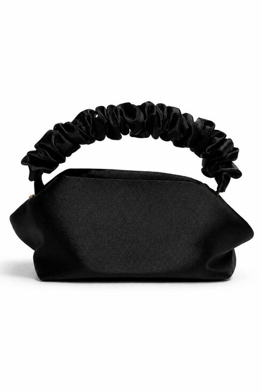Black satin clutch bag with a ruched handle and gold hardware, featuring a softly structured shape for evening occasions, SKU: CB61275