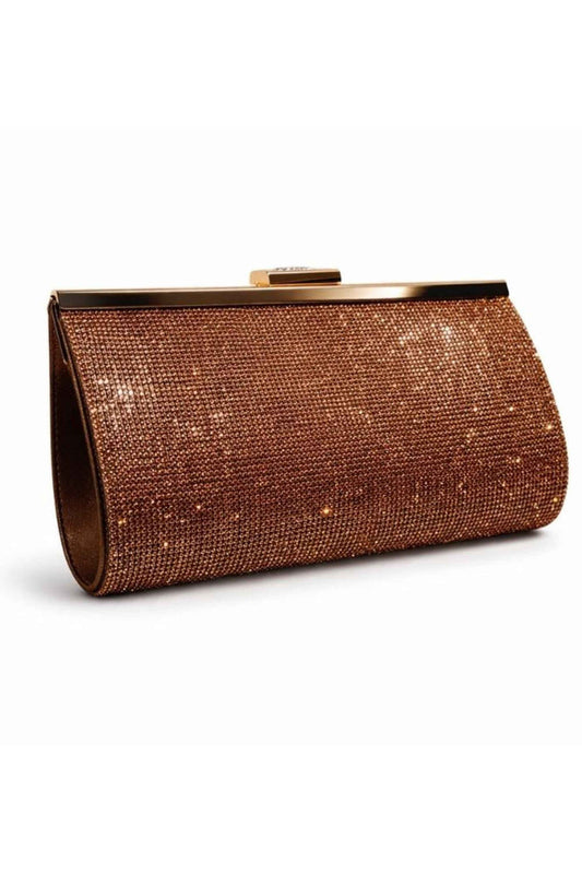 Bronze diamond clasp clutch bag with a sparkling, rhinestone-encrusted exterior, structured rectangular shape, gold-tone metal frame, perfect for evening events and parties.