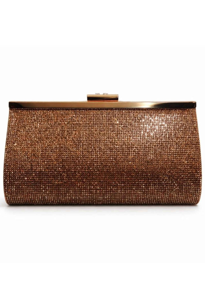 Close-up of the bronze rhinestone-covered surface of the clutch bag, showcasing the intricate sparkling detail and gold-tone metal frame at the top.