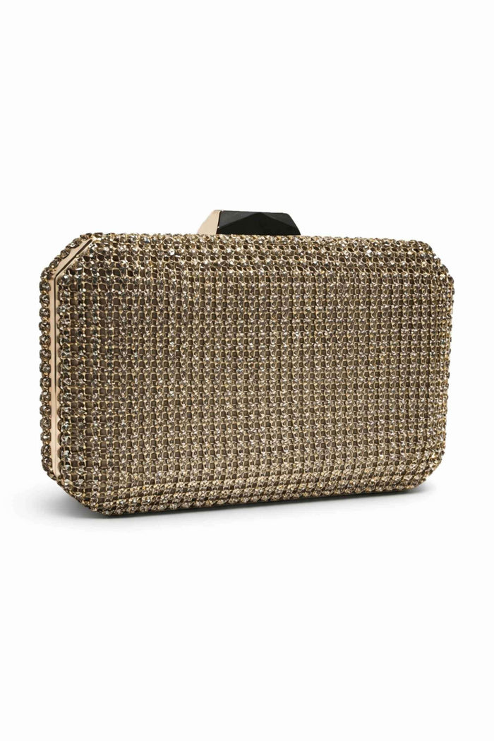 Gold box clutch with all-over crystal embellishments, rectangular shape, black and gold clasp, perfect for evening events, SKU: CB61243