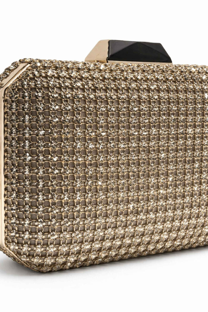 Close-up of the gold crystal-embellished clutch showing detailed grid pattern, black and gold clasp, luxurious evening accessory, SKU: CB61243