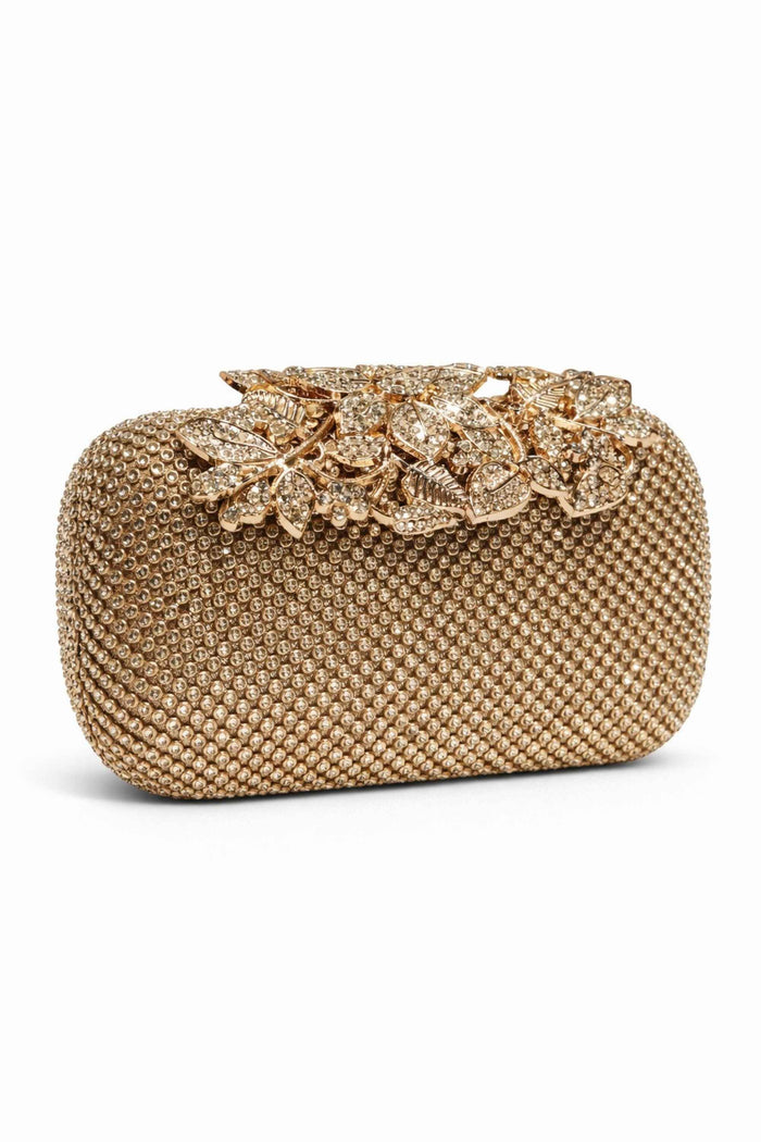 Gold flower clip clutch with intricate bead detailing and a structured shape, perfect for evening occasions and parties.