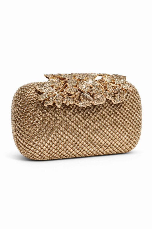 Gold flower clip clutch with intricate bead detailing and a structured shape, perfect for evening occasions and parties.