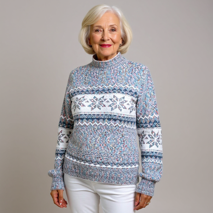 Melanie patterned knit sweater in blue, sky blue, pink, and beige colorways