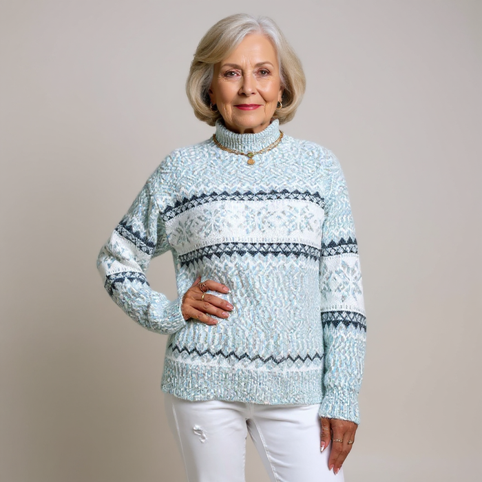Melanie patterned knit sweater in blue, sky blue, pink, and beige colorways