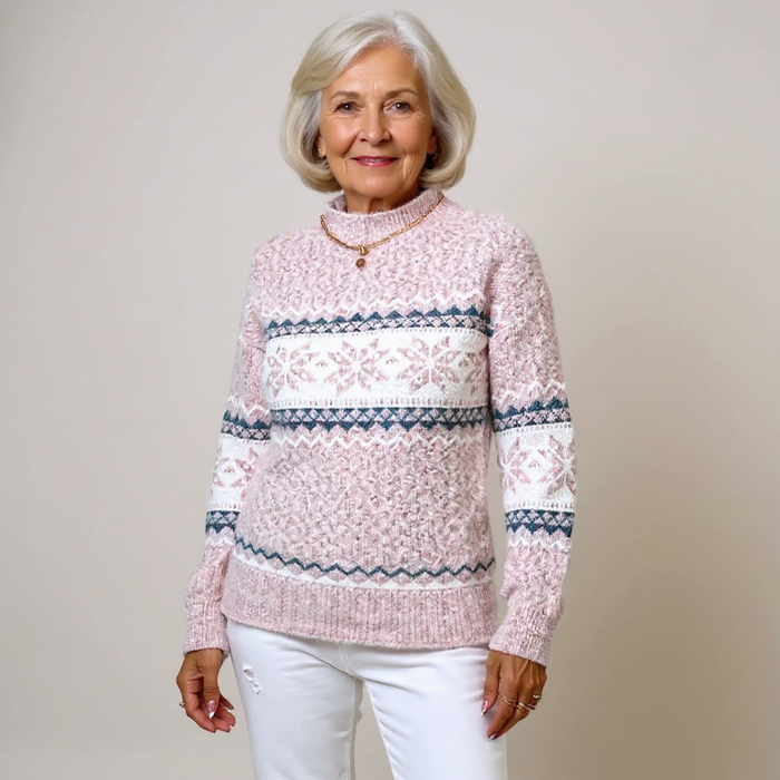 Melanie patterned knit sweater in blue, sky blue, pink, and beige colorways