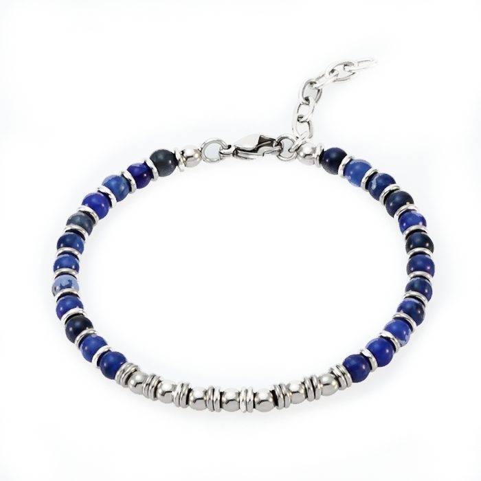 Men’s Natural Blue Tiger Eye Bracelet with Stainless Steel Accents