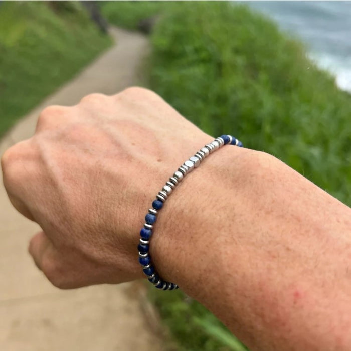 Men’s Natural Blue Tiger Eye Bracelet with Stainless Steel Accents