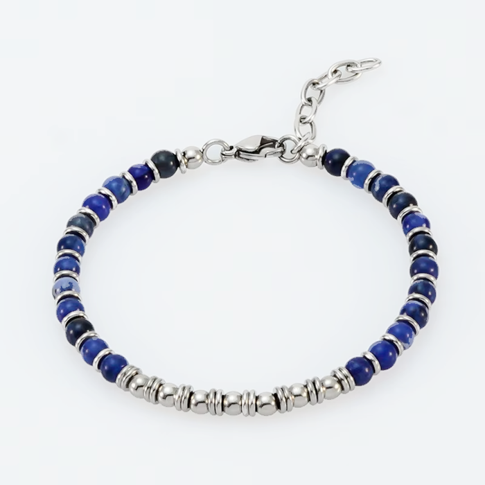Men’s Natural Blue Tiger Eye Bracelet with Stainless Steel Accents