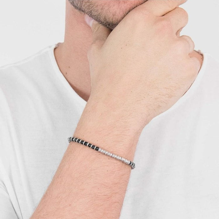 Men’s Natural Stone Beaded Bracelet with Stainless Steel Accents
