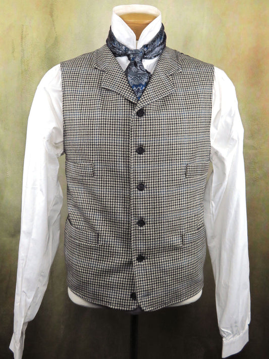 Men's Notch Vest - Ivory and Black Houndstooth with Blue Accents #547