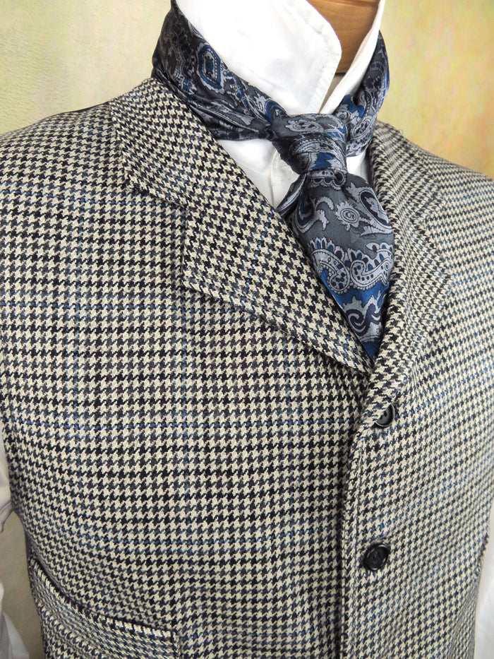 Men's Notch Vest - Ivory and Black Houndstooth with Blue Accents #547