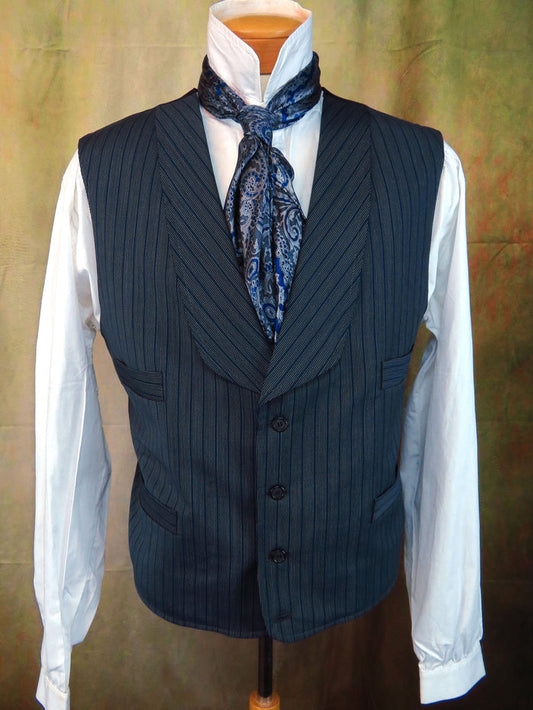 Men's Shawl Vest - Blue with Cream Mini Pencil Stripe #706