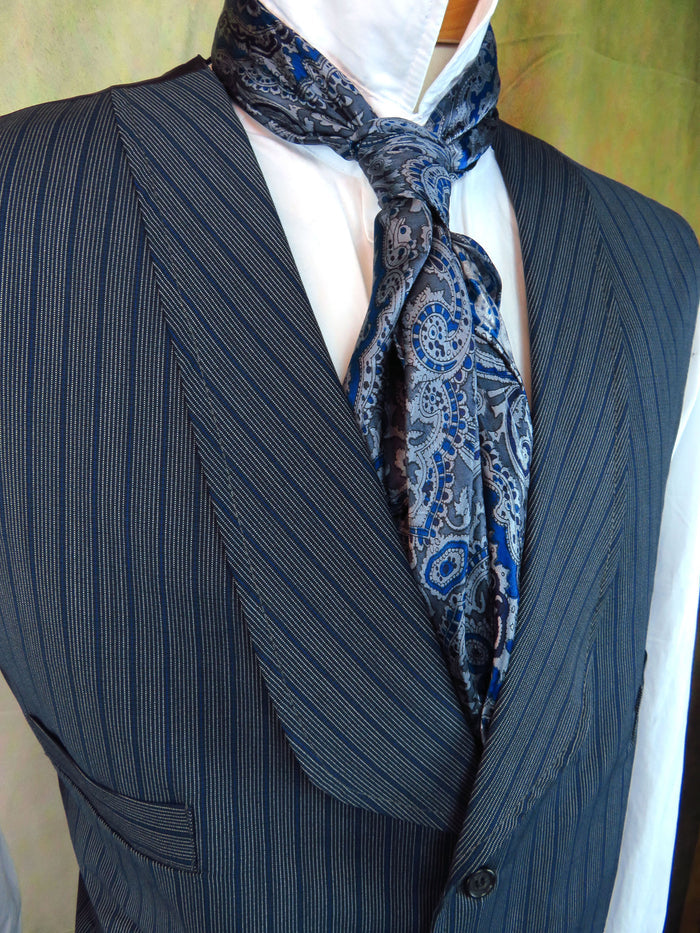 Men's Shawl Vest - Blue with Cream Mini Pencil Stripe #706