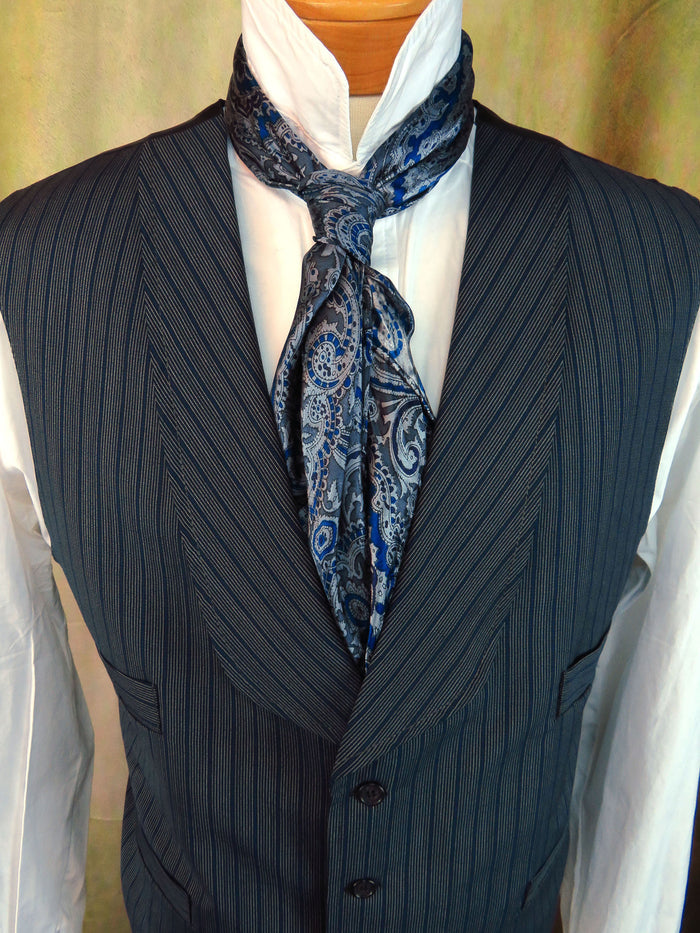 Men's Shawl Vest - Blue with Cream Mini Pencil Stripe #706