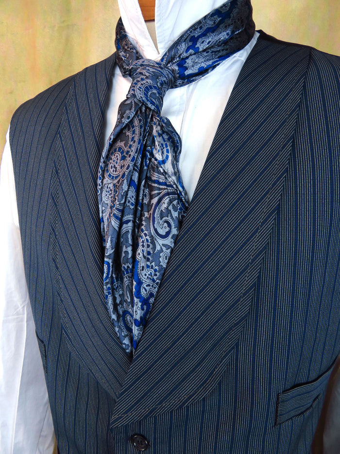 Men's Shawl Vest - Blue with Cream Mini Pencil Stripe #706
