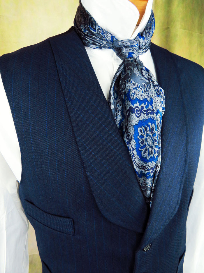 Men's Shawl Vest - Dark Blue with Cobalt Pencil Stripes #148B
