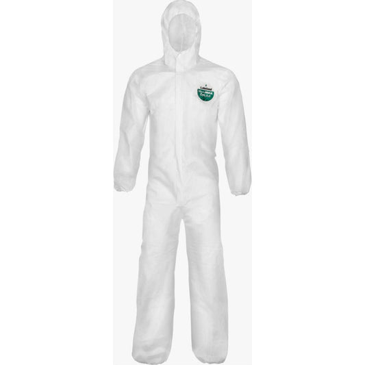 White Micromax protective safety suit with pants, long sleeves and hood. Protects clothes, skin and hair from hazardous material.
