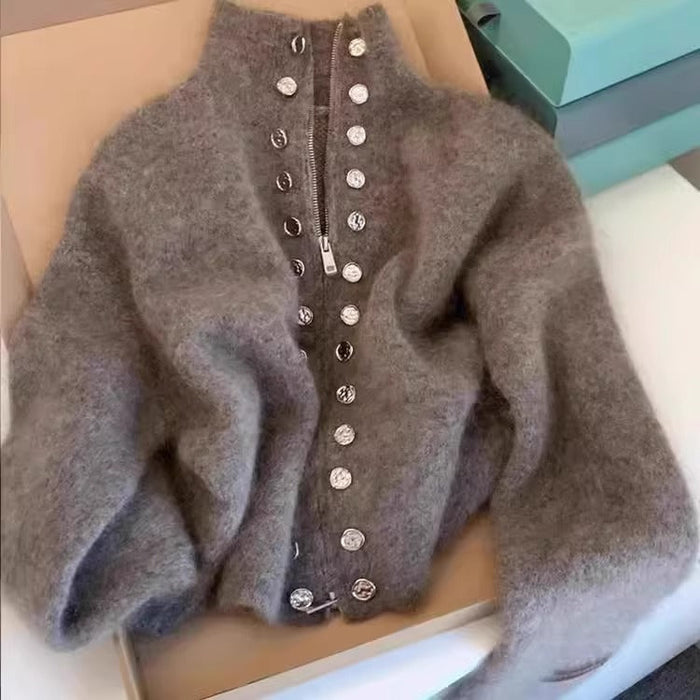 Milana knitted high neck cardigan with faux button accents in grey