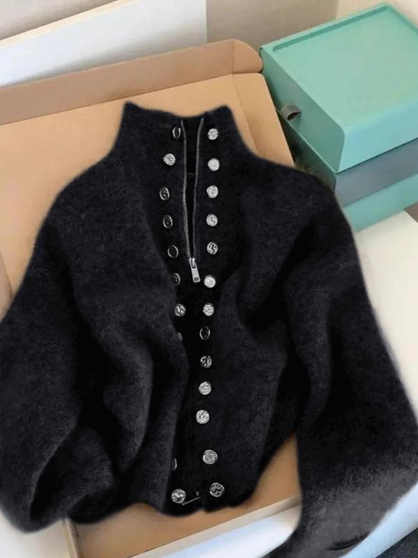 Milana knitted high neck cardigan with faux button accents in grey