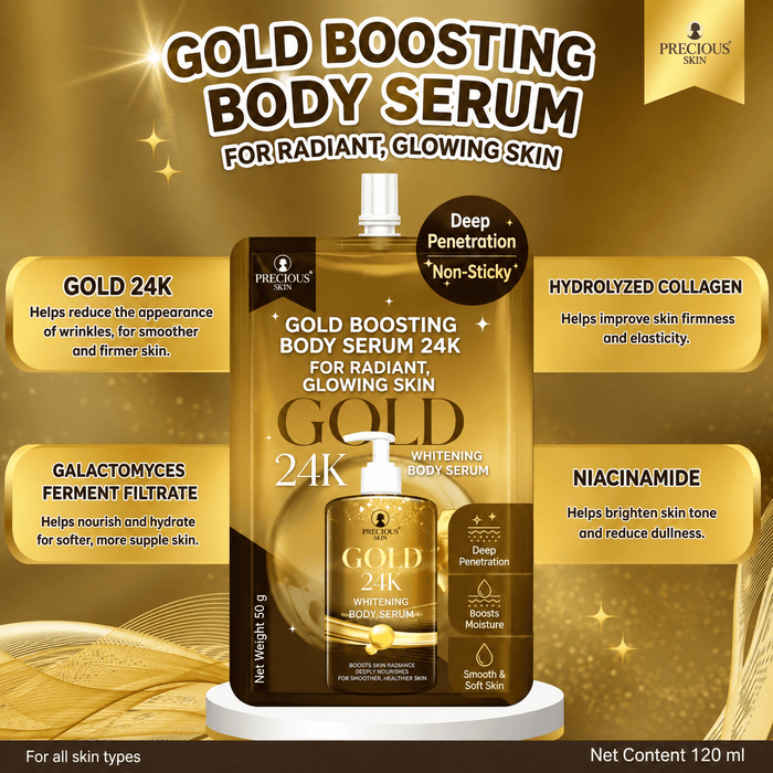(MINI) Precious Skin Gold 24k Whitening Body Serum SACHET سيروم تفتيح الجسم بريشوس سكين جولد عيار 24 قيراطًا (عبوة صغيرة) - Princess Cosmetics Qatar