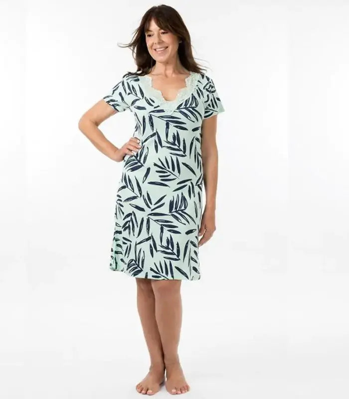 Moisture wicking short sleeve nightie from Sleep and Sound designed for cool breathable comfort and restful sleep in any season
