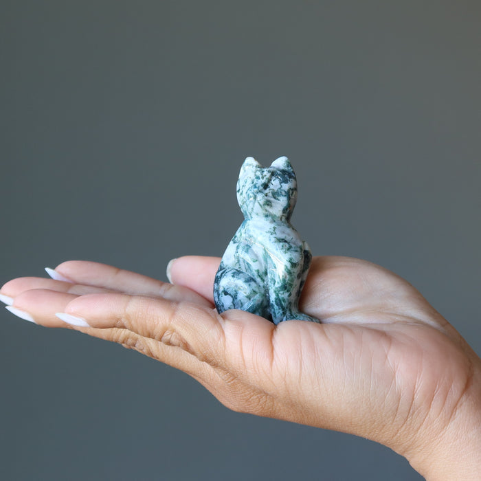 Moss Agate Cat Guardian of the Green Forest Animal Figurine