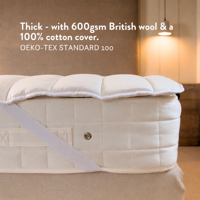 Thick with 600gsm British wool. Natural 100% British Wool Mattress Topper thick handmade in the UK 100% cotton OEKO TEX Standard 100