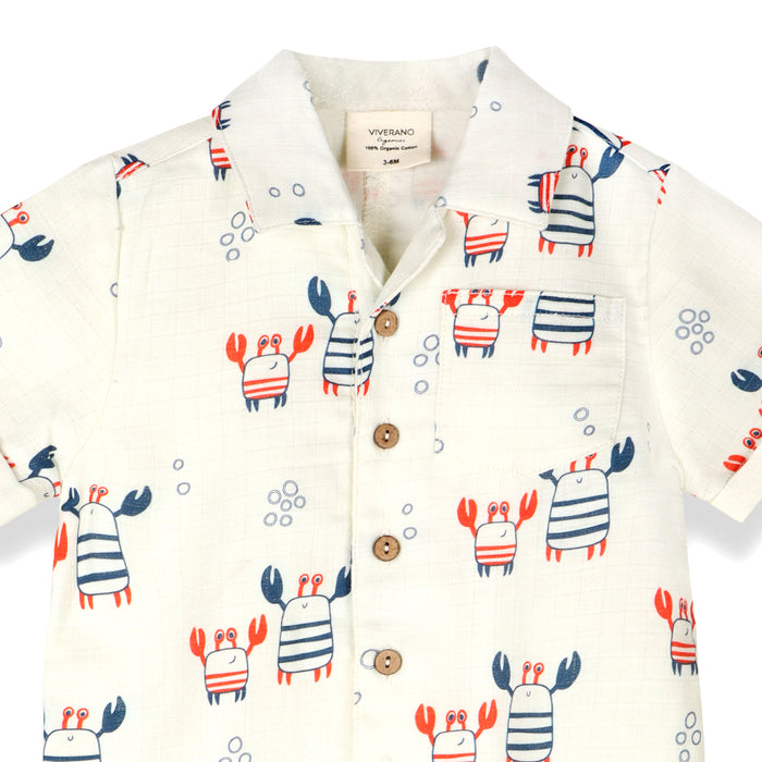 Nautical Crab Collar & Button Baby Romper (Organic Muslin)