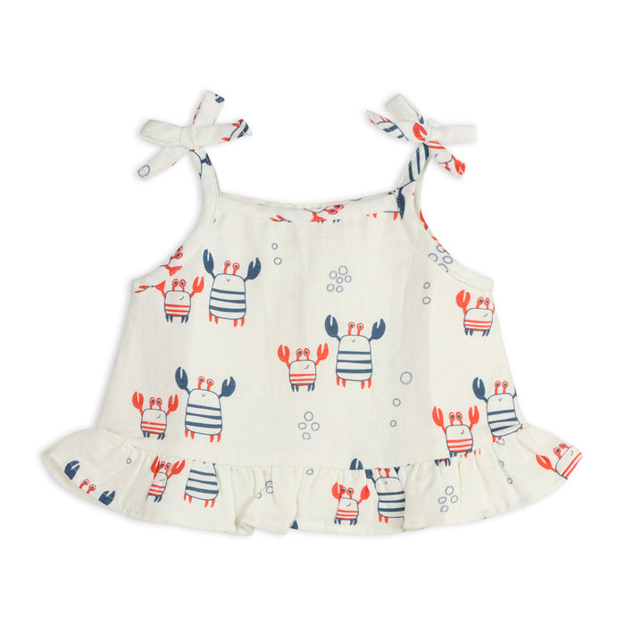 Nautical Crab Shoulder Tie Baby Top + Bloomer Set (Organic Muslin)