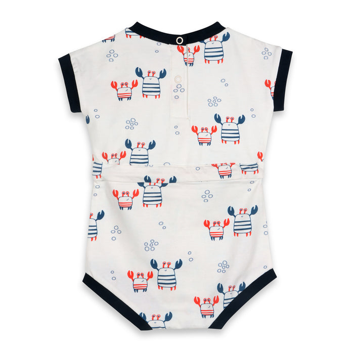 Nautical Crab Waist Tie Short Baby Romper (Organic Jersey)