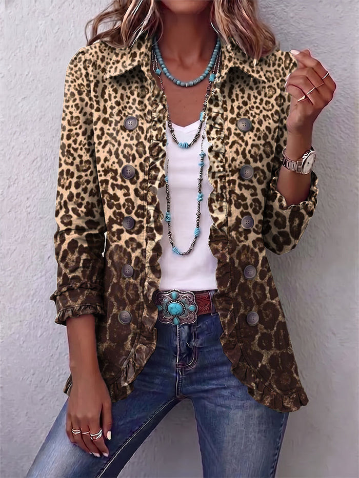 Navara leopard print ruffled jacket with soft ruffle trim and relaxed hip-length fit