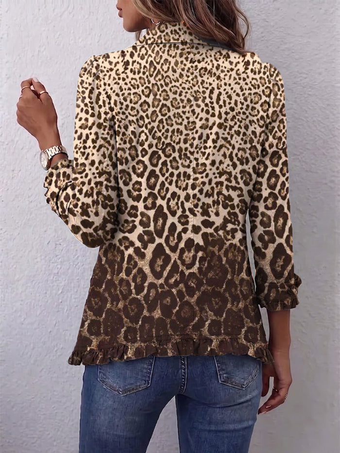 Navara leopard print ruffled jacket with soft ruffle trim and relaxed hip-length fit