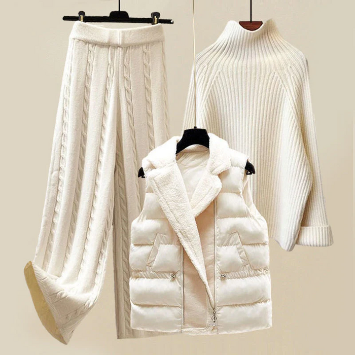 Nia luxe knitwear set with cable-knit turtleneck top, ribbed trousers and padded vest