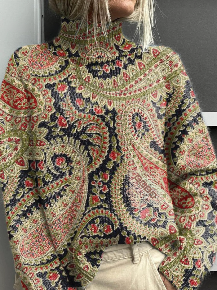 Nicolia vintage floral knit turtleneck sweater with paisley pattern
