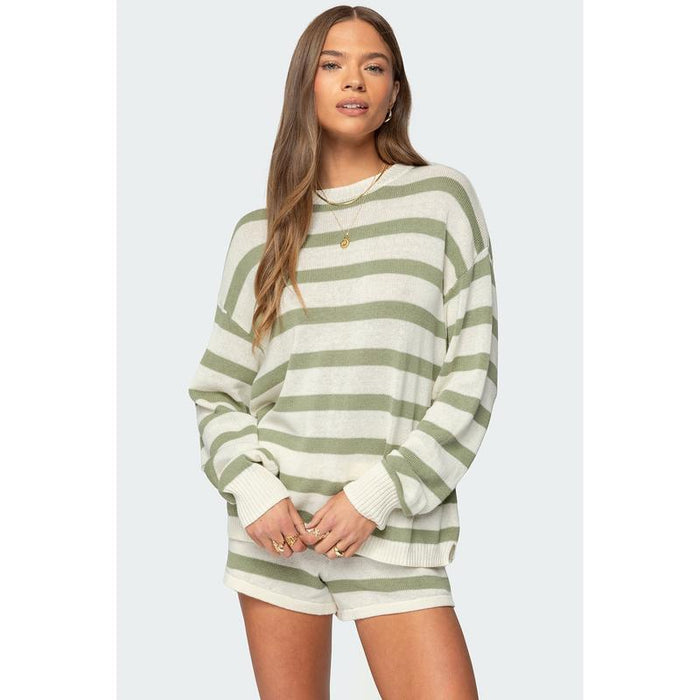 Nina oversized striped knit sweater with matching lace-up shorts two-piece set