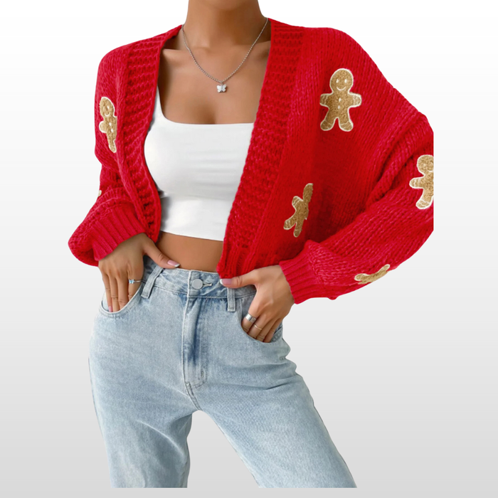 Woman wearing a casual open front knit cardigan in a neutral shade