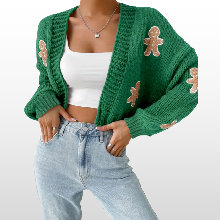 Woman wearing a casual open front knit cardigan in a neutral shade
