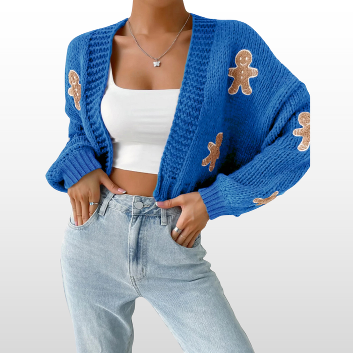 Woman wearing a casual open front knit cardigan in a neutral shade
