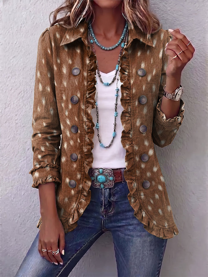 Brown animal-print bohemian jacket with soft ruffles and a lapel collar