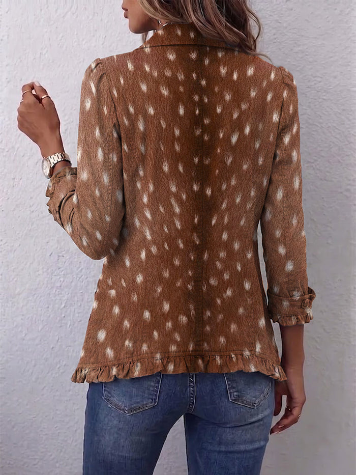 Brown animal-print bohemian jacket with soft ruffles and a lapel collar
